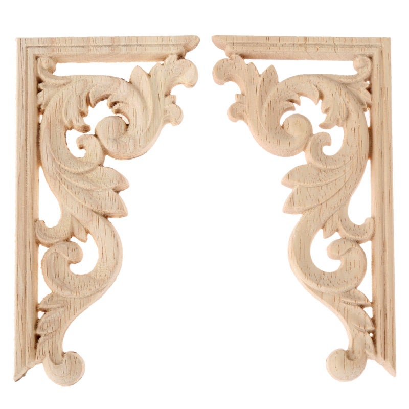 MUXSAM Wood Carved Appliques Corners Onlay, 1-Pair Unpainted Vintage Wooden Carvings Decals for Cabinet Mirror Mantel Fireplace Wall Door Headboard Dresser Wardrobe DIY Project, 13x7cm/5.12"x2.76" - Image 1